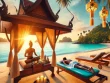 A serene beach scene in Thailand featuring a traveler receiving a traditional Thai massage under a shaded pavilion. The background includes turquoise waters, palm trees, and a peaceful sunset sky, with another guest meditating on the beach, emphasizing relaxation and wellness during a vacation in Thailand.