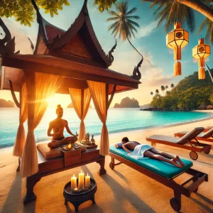 A serene beach scene in Thailand featuring a traveler receiving a traditional Thai massage under a shaded pavilion. The background includes turquoise waters, palm trees, and a peaceful sunset sky, with another guest meditating on the beach, emphasizing relaxation and wellness during a vacation in Thailand.