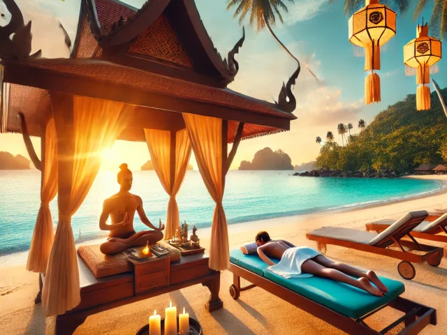 A serene beach scene in Thailand featuring a traveler receiving a traditional Thai massage under a shaded pavilion. The background includes turquoise waters, palm trees, and a peaceful sunset sky, with another guest meditating on the beach, emphasizing relaxation and wellness during a vacation in Thailand.