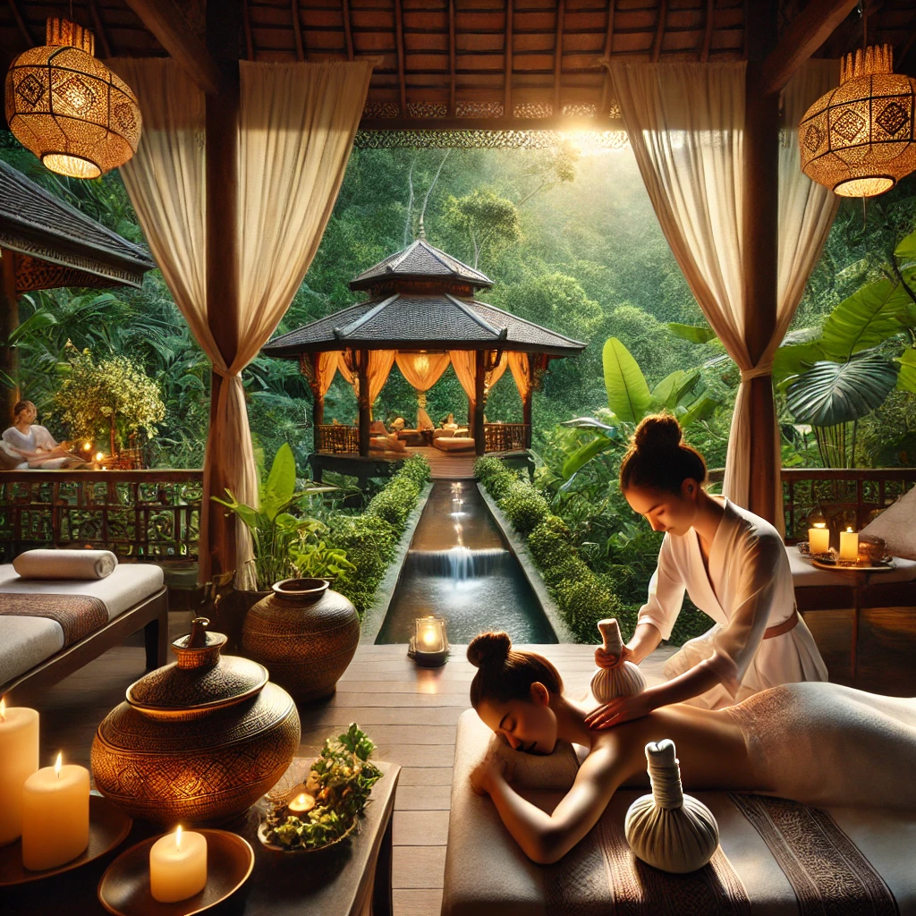 A luxurious spa retreat in the mountains of Chiang Mai, Thailand, where a traveler is receiving an herbal compress massage in an open-air pavilion. The scene includes lush greenery, traditional Thai decor, soft candlelight, and a nearby fountain, creating a serene and peaceful ambiance