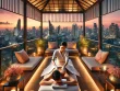 A luxurious rooftop spa in Bangkok at sunset, featuring an open-air massage pavilion with panoramic city views. A professional therapist is giving a traditional Thai massage to a tourist on a terrace with soft lighting, silk cushions, and tropical plants, with the glowing Bangkok skyline in the background.