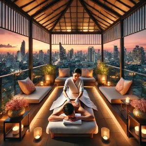 A luxurious rooftop spa in Bangkok at sunset, featuring an open-air massage pavilion with panoramic city views. A professional therapist is giving a traditional Thai massage to a tourist on a terrace with soft lighting, silk cushions, and tropical plants, with the glowing Bangkok skyline in the background.