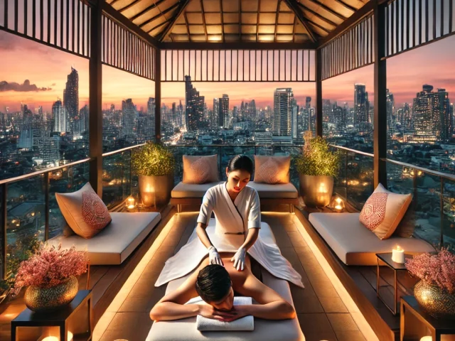 A luxurious rooftop spa in Bangkok at sunset, featuring an open-air massage pavilion with panoramic city views. A professional therapist is giving a traditional Thai massage to a tourist on a terrace with soft lighting, silk cushions, and tropical plants, with the glowing Bangkok skyline in the background.