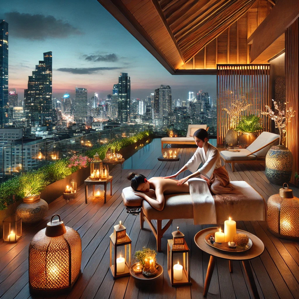 A modern rooftop spa in Bangkok during twilight, with a guest receiving an aromatherapy massage on a terrace overlooking the illuminated city skyline. The scene includes bamboo furniture, glowing lanterns, and lush greenery, creating a serene ambiance with Bangkok’s skyscrapers in the backdrop.